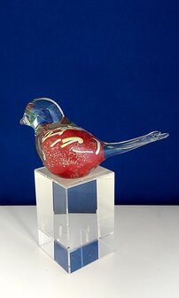 Glazen vogel Rood met  witte design strepen